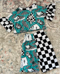 Teal Checkered shirt & flow pants  Lucky Charm 2-Piece set