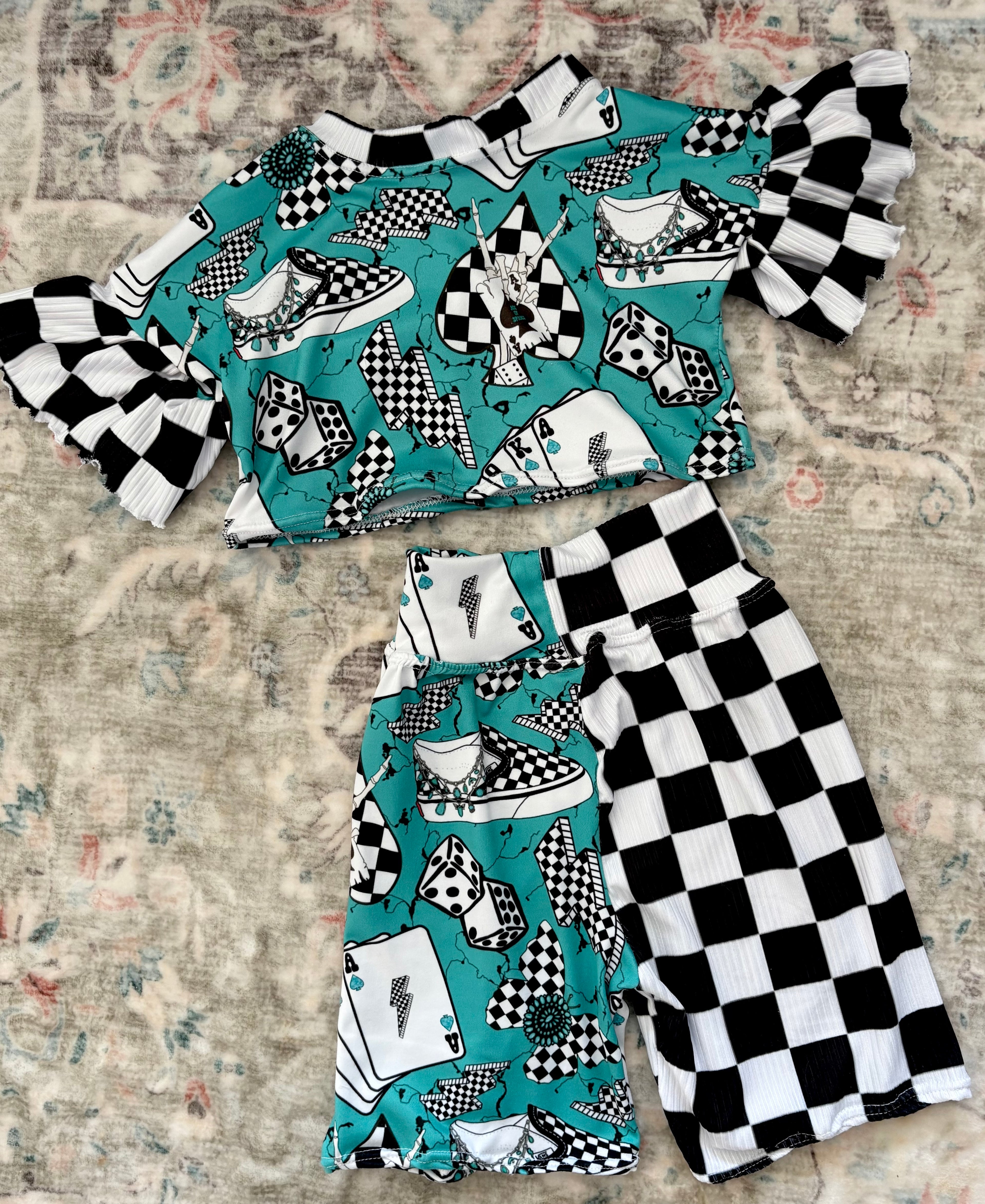 Teal Checkered shirt & flow pants  Lucky Charm 2-Piece set