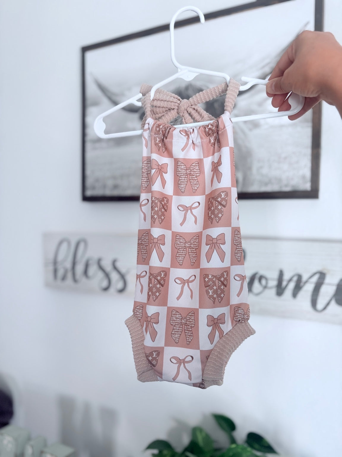 Blush Bow Halter Romper | Handmade | Newborn – 3T