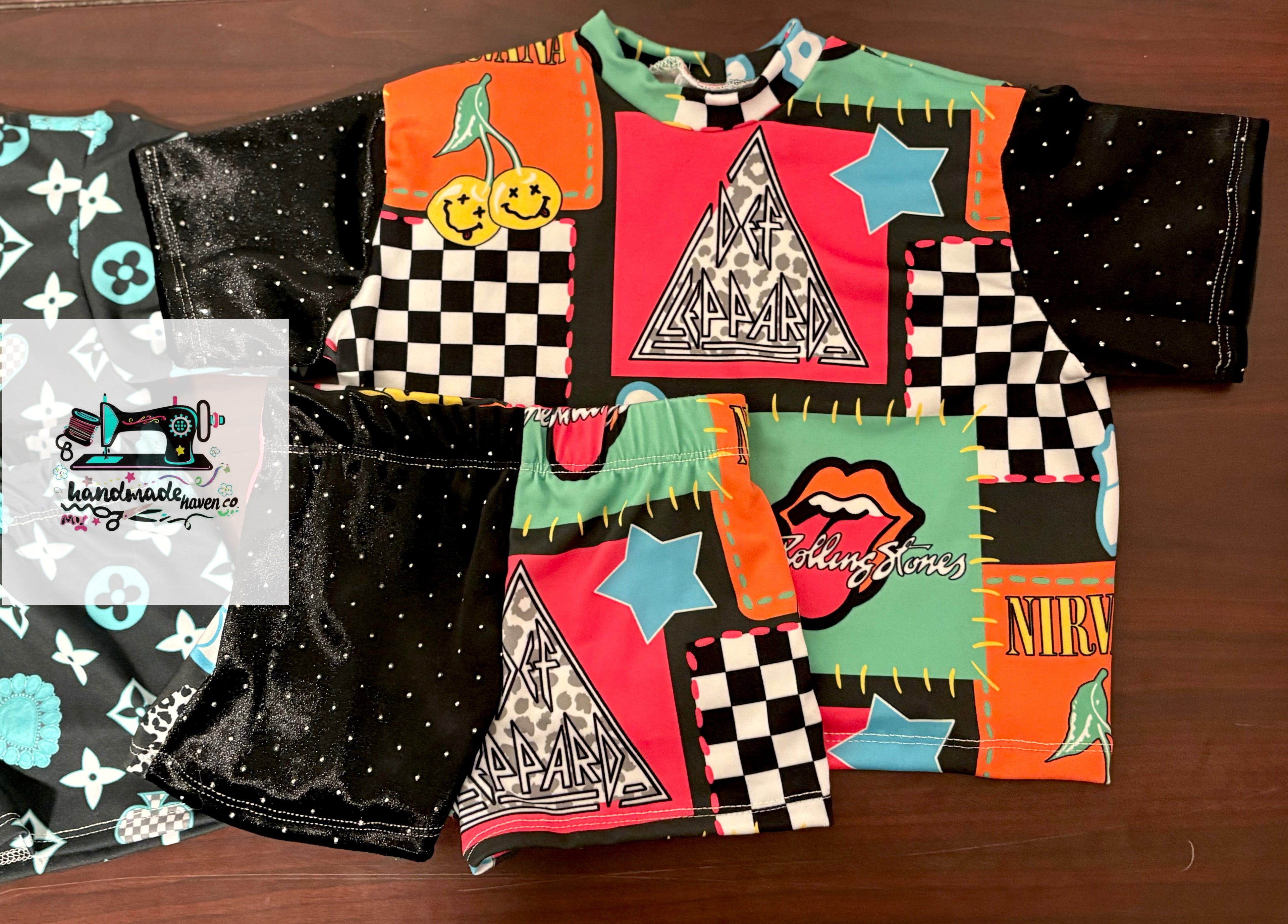 Rock Band Patchwork Tee & Biker Shorts Set